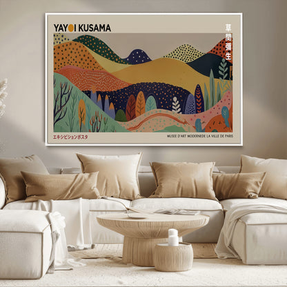 11242-MGV-CV-36X24-Kusama Wall Art – Abstract Colorful Hills Canvas Print, Modern Japanese Inspired Landscape Poster for Living Room, Office or