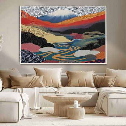 22313-MGV-CV-36X24-Yayoi Kusama Wall Art – Abstract Mount Fuji Landscape Canvas Print, Vibrant Japanese Nature Scene with River, Mountains and Sky