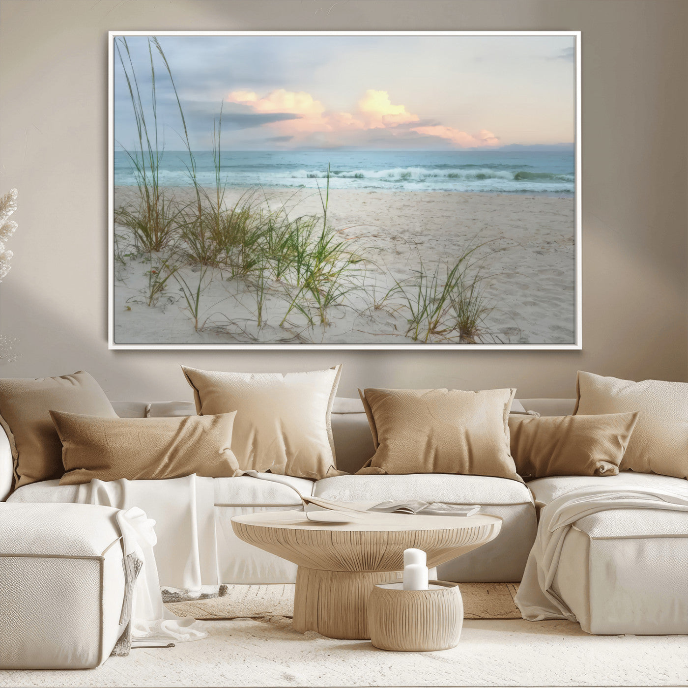 Test1001-MGV-CV-36X24-Coastal Beach Wall Art – Panoramic Ocean Waves and Sandy Dunes Canvas Print, Serene Seascape with Sea Oats for Relaxing Home or