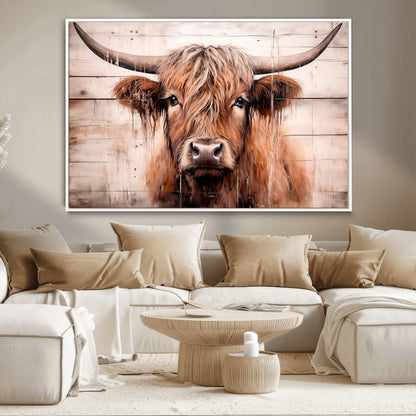 93730-MGV-CV-36X24-Scottish Cow Wall Art Canvas Print, Framed Longhorn Cow Art Picture Print, Highland Cattle Perfect Rustic Farmhouse Decor Artwork