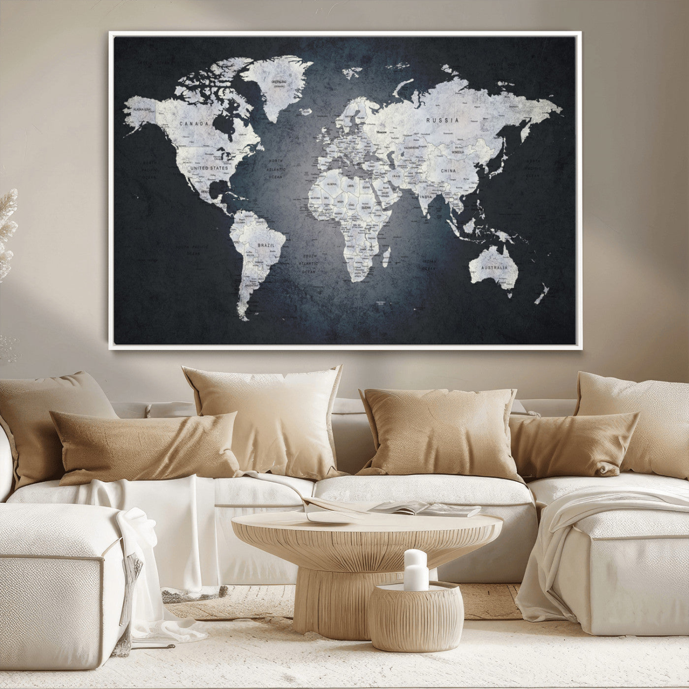 19124-MGV-CV-36X24-Modern World Map Wall Art – Black and White Canvas Print, Minimalist Global Map Decor for Office, Study, Bedroom or Living Room