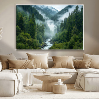 69453-MGV-CV-36X24-Mountain Forest Wall Art – Misty River and Evergreen Landscape Canvas Print, Nature Photography Poster for Living Room, Bedroom,