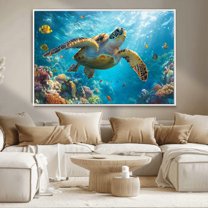 37623-MGV-CV-36X24-Sea Turtle Wall Art – Underwater Ocean Canvas Print with Coral Reef and Tropical Fish, Marine Life Painting Poster for Living