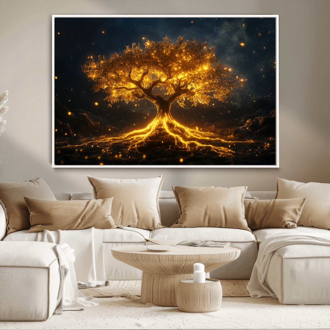 60194-MGV-CV-36X24-Glowing Tree Wall Art – Golden Roots Fantasy Canvas Print, Mystical Illuminated Tree Painting Poster for Living Room, Bedroom,