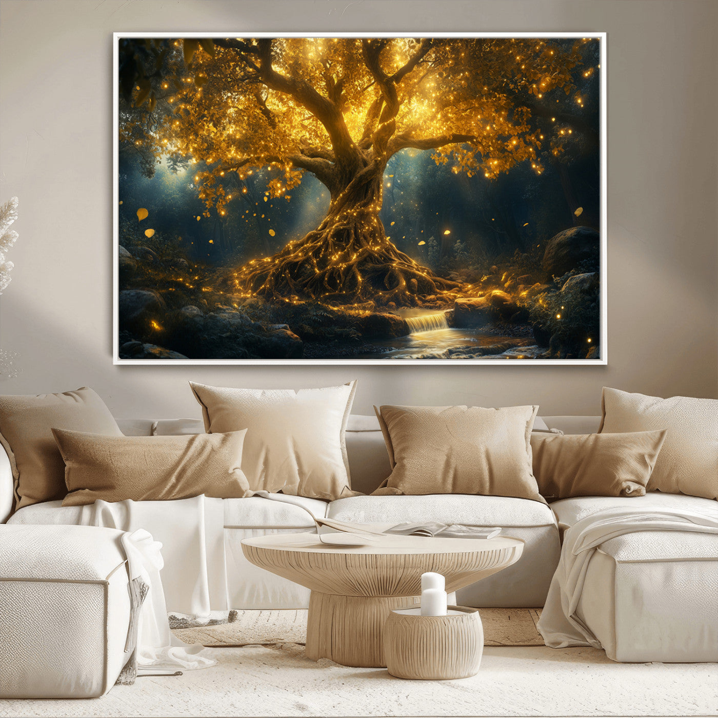 92739-MGV-CV-36X24-Glowing Tree Wall Art – Enchanted Golden Forest Canvas Print, Mystical Illuminated Nature Painting Poster for Living Room,