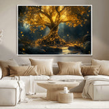 92739-MGV-CV-36X24-Glowing Tree Wall Art – Enchanted Golden Forest Canvas Print, Mystical Illuminated Nature Painting Poster for Living Room,