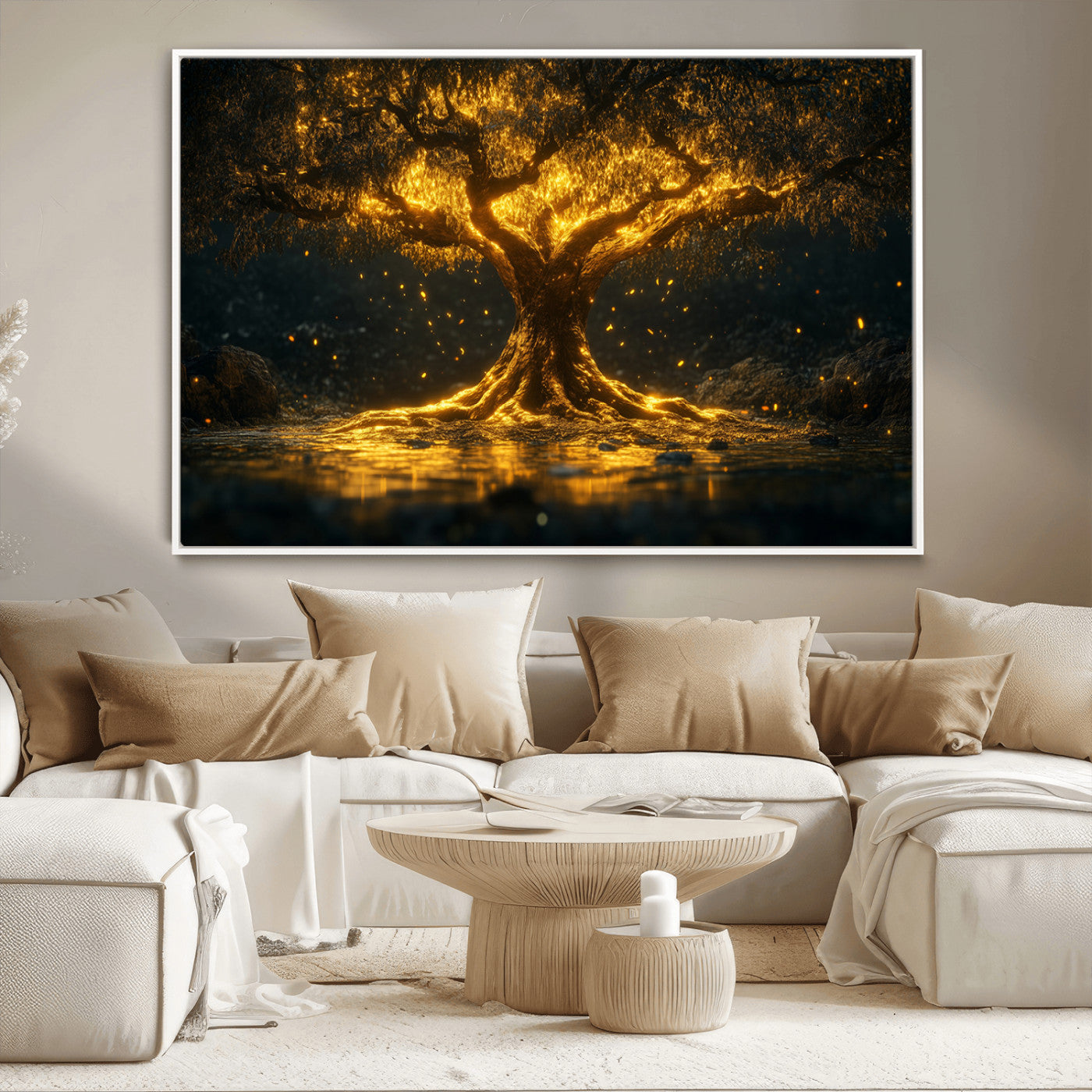 59580-MGV-CV-36X24-Glowing Tree Wall Art – Golden Fantasy Nature Canvas Print, Mystical Illuminated Tree Painting Poster for Living Room, Bedroom,