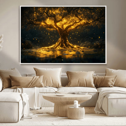 59580-MGV-CV-36X24-Glowing Tree Wall Art – Golden Fantasy Nature Canvas Print, Mystical Illuminated Tree Painting Poster for Living Room, Bedroom,