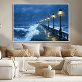 32668-MGV-CV-36X24-Stormy Pier Wall Art – Ocean Waves and Street Lamps Canvas Print, Rainy Night Seascape Oil Painting Poster for Living Room,