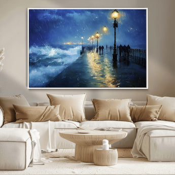 76572-MGV-CV-36X24-Stormy Night Pier Wall Art – Ocean Waves and Street Lamps Canvas Print, Rainy Seascape Oil Painting Poster for Living Room,
