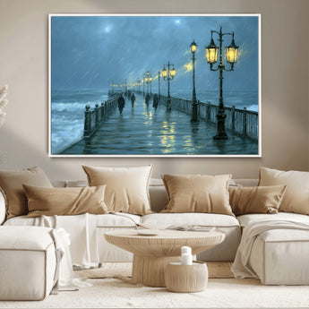 79606-MGV-CV-36X24-Rainy Pier Night Wall Art – Ocean Waves and Street Lamps Canvas Print, Moody Seascape Oil Painting Poster for Living Room,