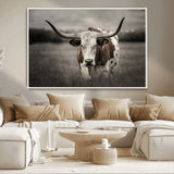 69238-MGV-CV-36X24-Longhorn Bull Wall Art – Rustic Black and White Texas Cattle Canvas Print, Western Farmhouse Animal Photography for Living Room,