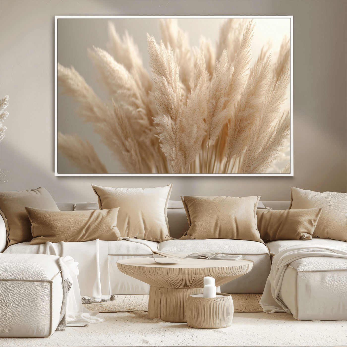 50300-MGV-CV-36X24-Pampas Grass Wall Art Canvas Print, Framed Minimalist Pampas Grass Art Picture Print, Beige Pampas Grass Perfect Minimalist Boho