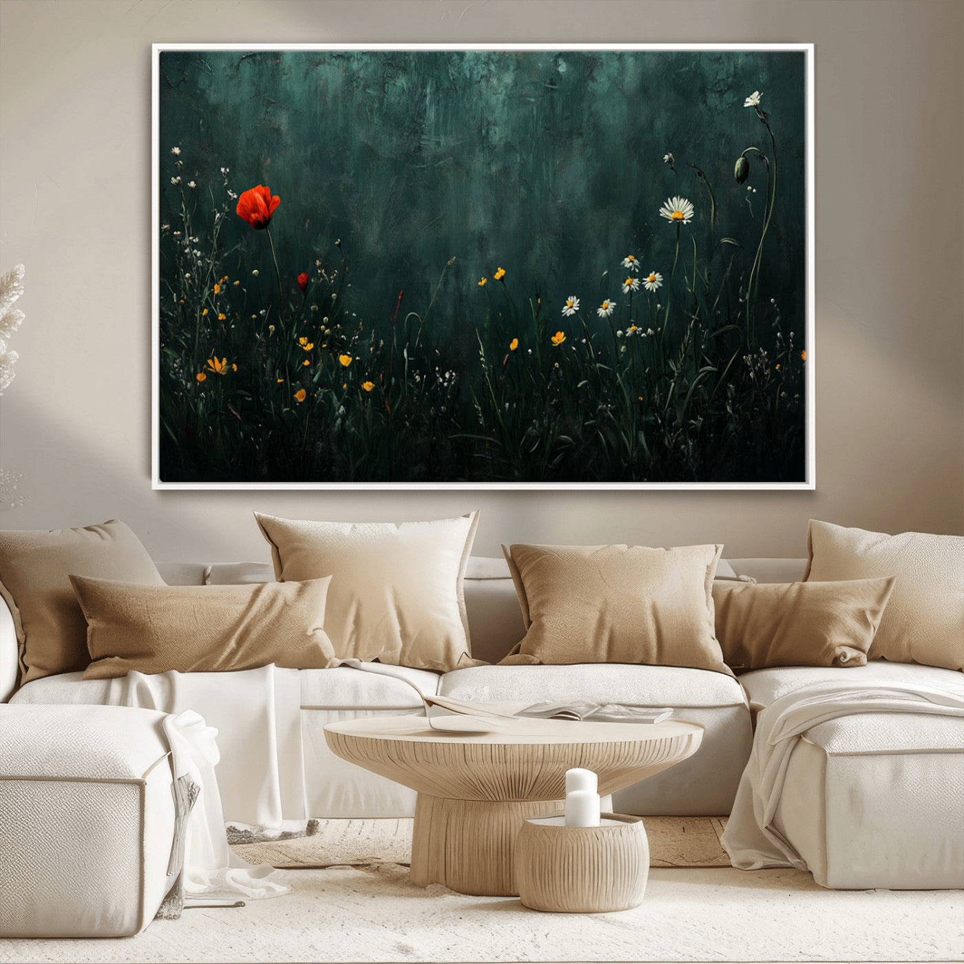 26218-MGV-CV-36X24-Wildflower Wall Art – Dark Botanical Floral Canvas Print, Modern Nature Painting Poster with Daisy Poppy Yellow Flowers for Living