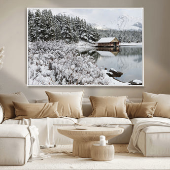 29975-MGV-CV-36X24-Winter Cabin by the Lake Wall Art – Snowy Mountain Landscape Canvas Print, Rustic Lodge Cabin Decor for Cozy Living Room, Bedroom