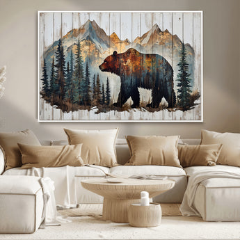 55777-MGV-CV-36X24-Rustic Bear Wall Art Canvas Print, Framed Mountain and Forest Art Picture Print, Wooden Bear Perfect Rustic Lodge Decor Artwork