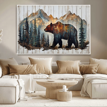 55777-MGV-CV-36X24-Rustic Bear Wall Art Canvas Print, Framed Mountain and Forest Art Picture Print, Wooden Bear Perfect Rustic Lodge Decor Artwork