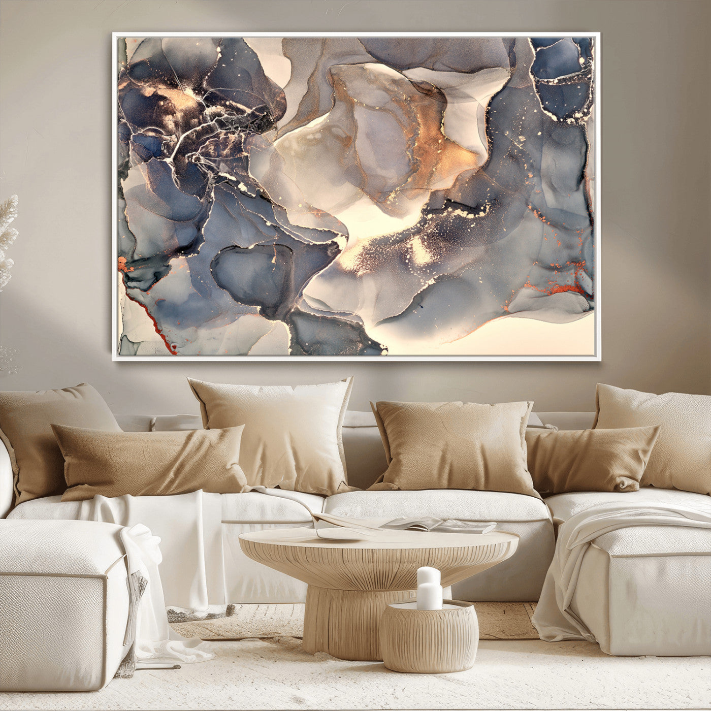 18202-MGV-CV-36X24-Abstract Neutral Wall Art – Blue, Beige and Gold Fluid Ink Canvas Print, Modern Minimalist Painting for Living Room, Office