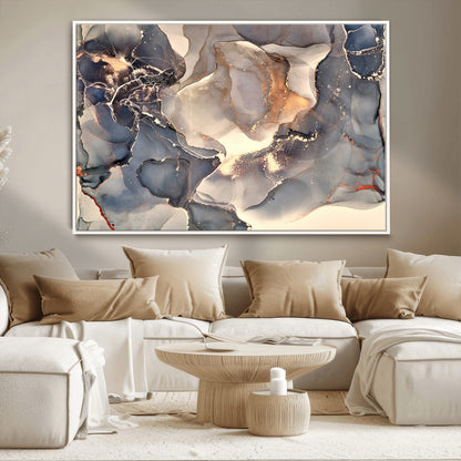 18202-MGV-CV-36X24-Abstract Neutral Wall Art – Blue, Beige and Gold Fluid Ink Canvas Print, Modern Minimalist Painting for Living Room, Office