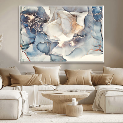 51497-MGV-CV-36X24-Abstract Blue and Gold Wall Art – Modern Fluid Ink Style Canvas Print, Elegant Contemporary Decor for Living Room, Office