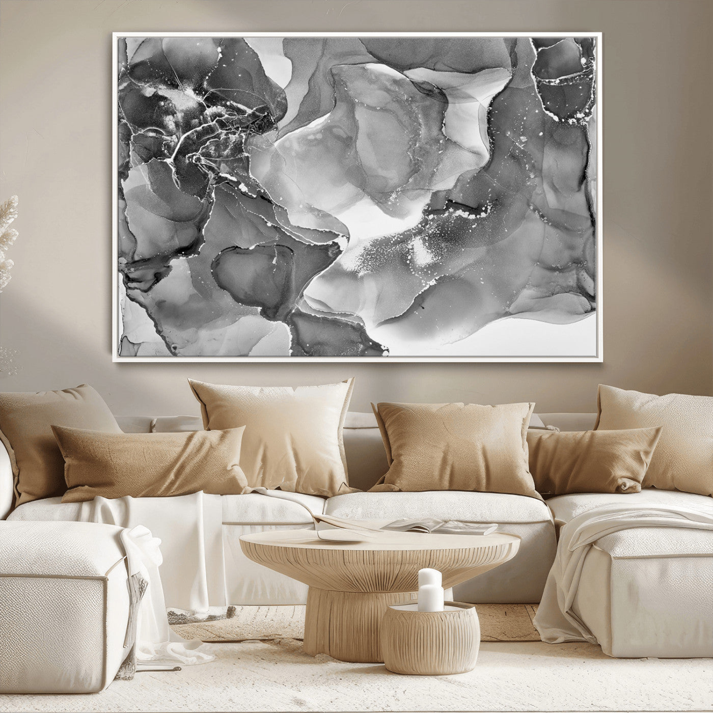 15911-MGV-CV-36X24-Black and White Abstract Wall Art – Modern Ink Swirl Canvas Print, Minimalist Contemporary Painting for Living Room, Bedroom,