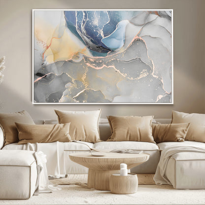 18176-MGV-CV-36X24-Abstract Fluid Wall Art – Modern Marble Ink Canvas Print with Blue, Gold, and Gray Tones, Contemporary Minimal Artwork Decor for