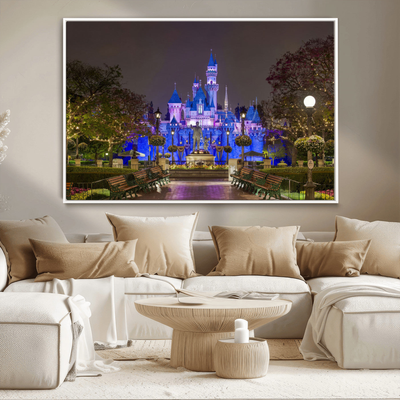 63560-MGV-CV-36X24-Fairy Tale Castle Wall Art – Magical Night Scene Canvas Print with Lights and Gardens, Fantasy Architecture Artwork for Living