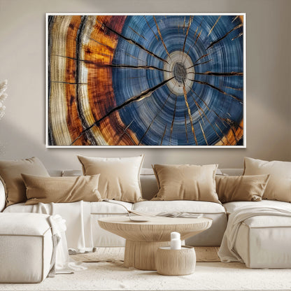 10583-MGV-CV-36X24-Tree Ring Wall Art – Abstract Wood Grain Canvas Print with Blue and Brown Tones, Nature Inspired Rustic Artwork for Living Room,