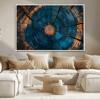 13398-MGV-CV-36X24-Tree Ring Wall Art – Abstract Wood Grain Canvas Print with Blue and Orange Accents, Rustic Nature Inspired Artwork for Living