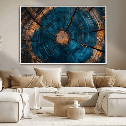 13398-MGV-CV-36X24-Tree Ring Wall Art – Abstract Wood Grain Canvas Print with Blue and Orange Accents, Rustic Nature Inspired Artwork for Living