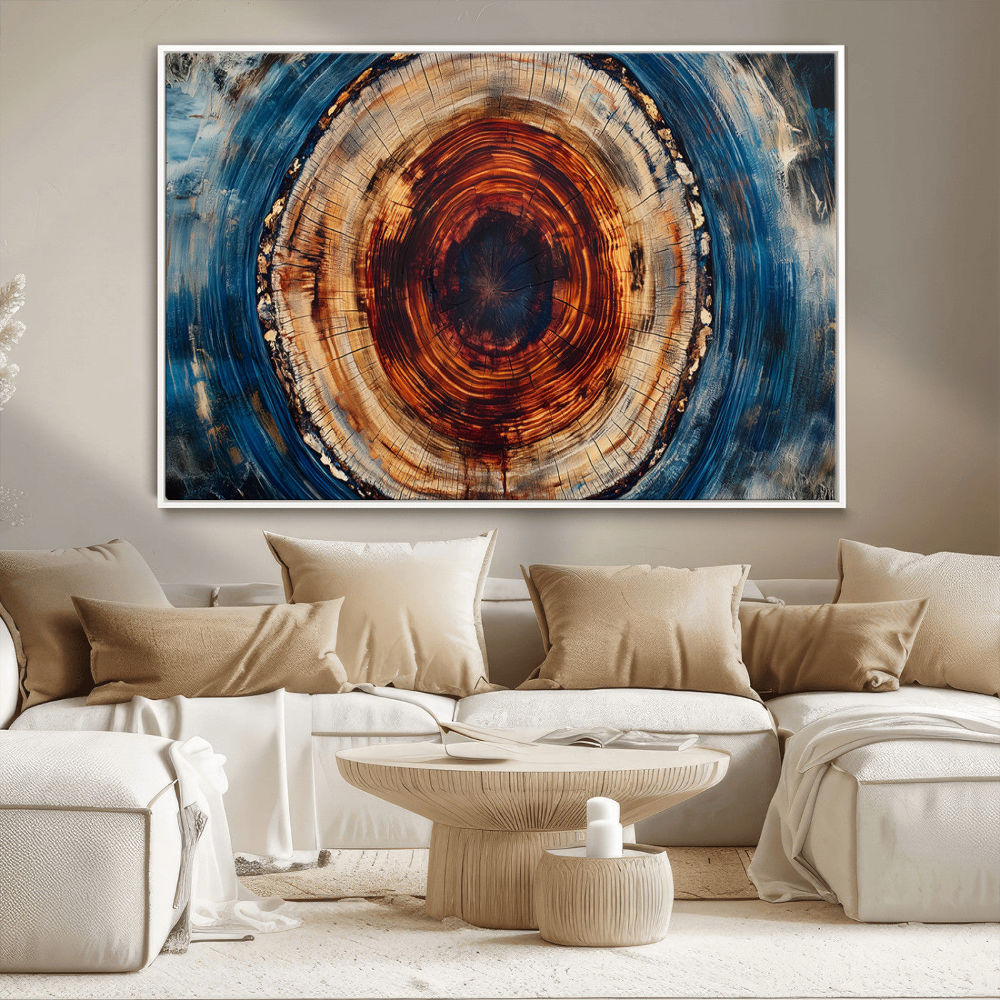 90395-MGV-CV-36X24-Tree Ring Wall Art – Abstract Wood Grain Canvas Print with Fiery Red and Blue Tones, Bold Rustic Nature Inspired Artwork Decor for