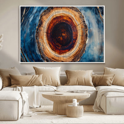 30457-MGV-CV-36X24-Tree Ring Wall Art – Abstract Wood Grain Canvas Print with Brown and Blue Swirl, Rustic Nature Inspired Artwork for Living Room,