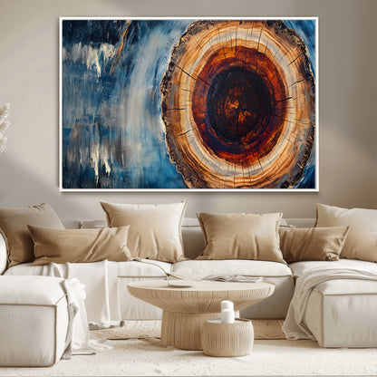 48045-MGV-FC-36X24_White-Tree Ring Abstract Wall Art – Rustic Wood Grain Canvas Print with Brown Center and Blue Brush Strokes, Nature Inspired Artwork for