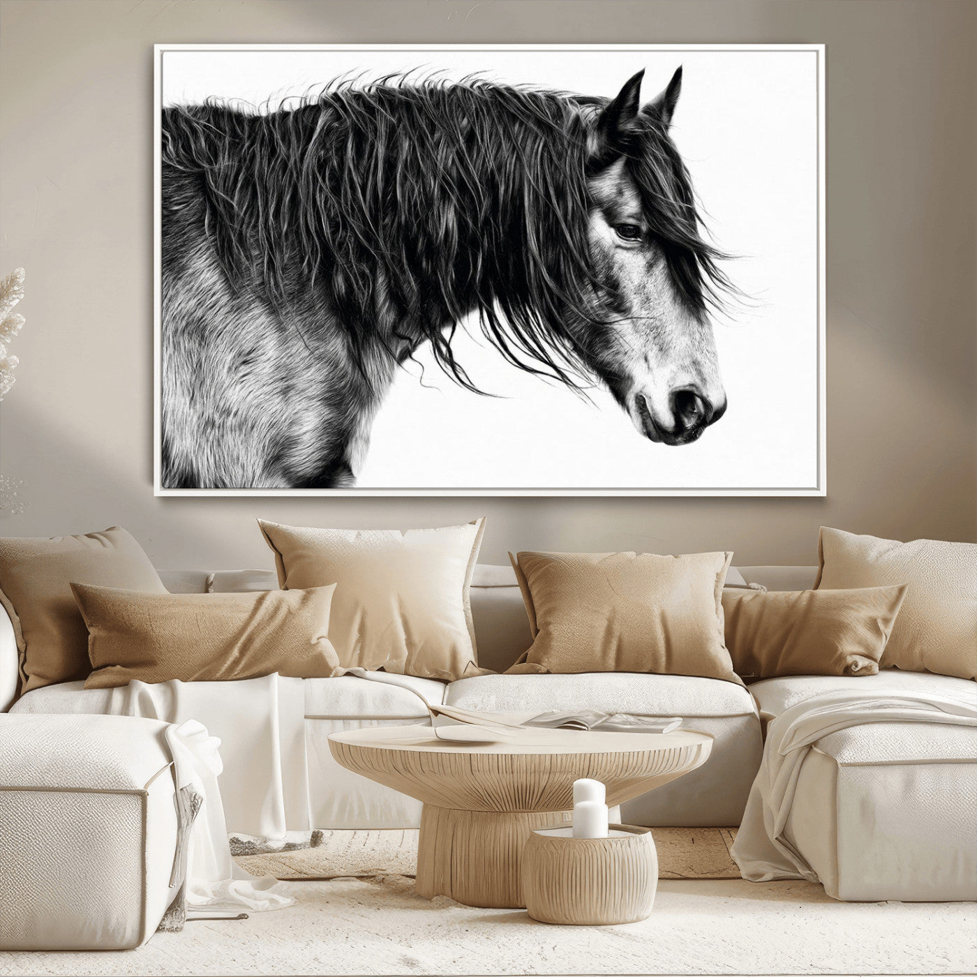 57694-MGV-CV-36X24-Horse Portrait Wall Art – Black and White Canvas Print with Detailed Stallion Profile, Rustic Farmhouse Equestrian Artwork for