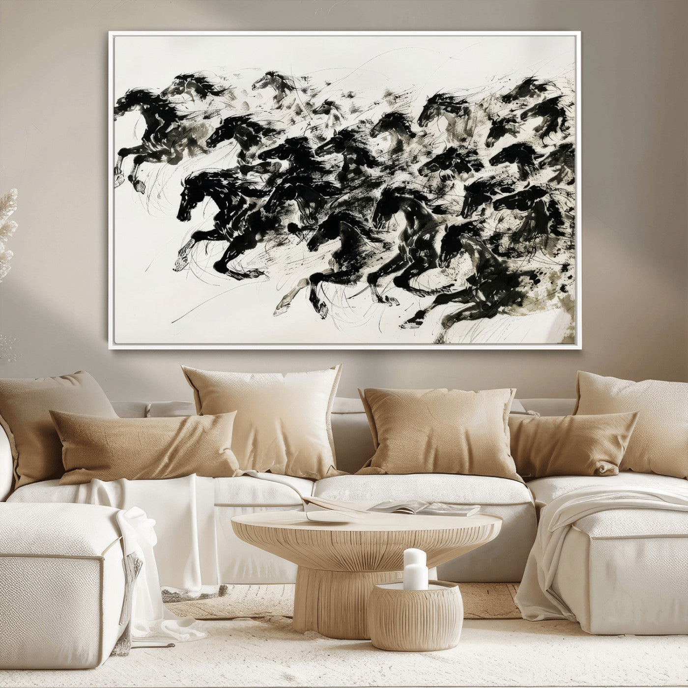 23069-MGV-CV-36X24-Galloping Horses Wall Art – Black Ink Painting on Canvas, Dynamic Equestrian Artwork with Running Stallions, Expressive Modern