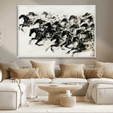 23069-MGV-CV-36X24-Galloping Horses Wall Art – Black Ink Painting on Canvas, Dynamic Equestrian Artwork with Running Stallions, Expressive Modern
