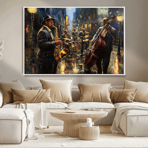 36990-MGV-CV-36X24-Jazz Band Wall Art – Vintage Music Canvas Print Featuring Saxophone and Bass Players, Classic Nightclub Artwork for Living Room,