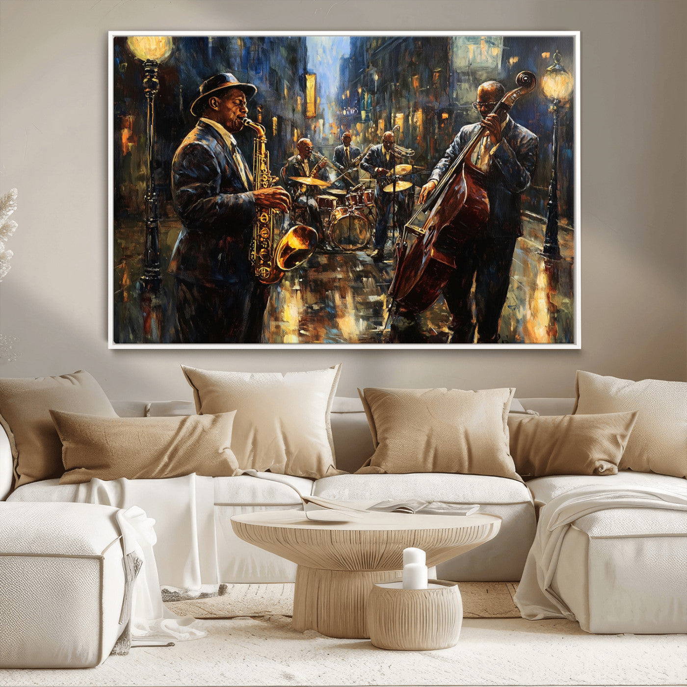 36990-MGV-CV-36X24-Jazz Band Wall Art – Vintage Music Canvas Print Featuring Saxophone and Bass Players, Classic Nightclub Artwork for Living Room,