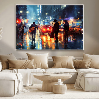 94605-MGV-CV-36X24-City Jazz Night Wall Art – Vibrant Music Canvas Print Featuring Saxophone, Guitar and Bass Players, Urban Street Scene Artwork for