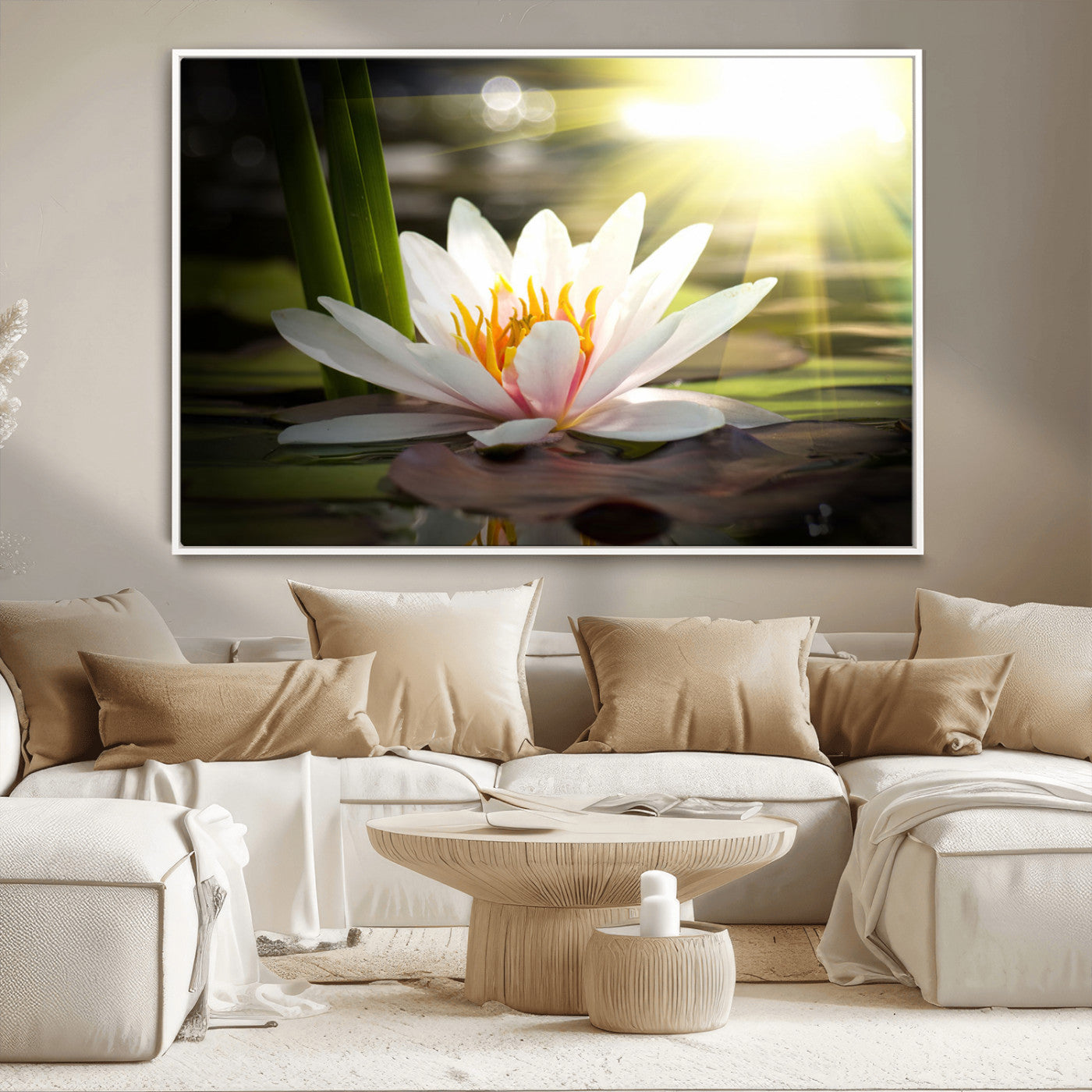 40478-MGV-CV-36X24-Water Lily Wall Art – White Lotus Flower Canvas Print with Sunlight Reflection, Serene Botanical Artwork for Living Room, Bedroom,