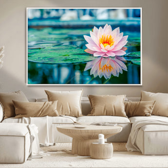 65933-MGV-CV-36X24-Pink Water Lily Wall Art – Lotus Flower Canvas Print with Reflection on Calm Water, Peaceful Botanical Artwork for Living Room,