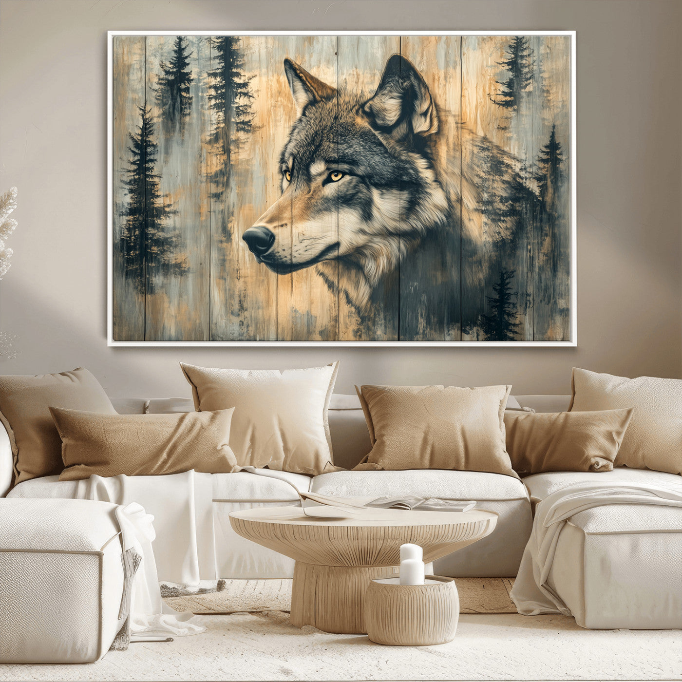 51892-MGV-CV-36X24-Wolf Wall Art – Rustic Canvas Print of Wolf with Forest Trees on Wood Texture, Wildlife Lodge Artwork for Living Room, Bedroom,