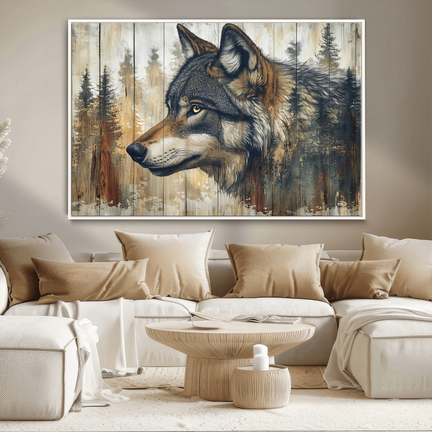 91882-MGV-CV-36X24-Wolf Wall Art – Rustic Canvas Print of Forest Wolf on Wood Background, Wildlife Lodge Artwork for Living Room, Bedroom, Cabin, or