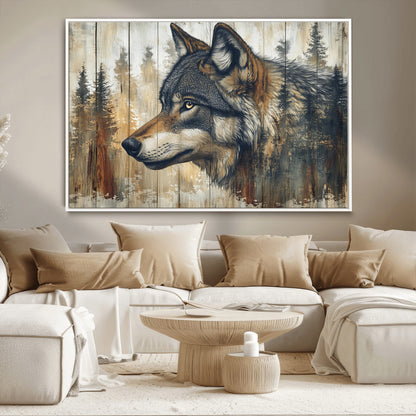 91882-MGV-CV-36X24-Wolf Wall Art – Rustic Canvas Print of Forest Wolf on Wood Background, Wildlife Lodge Artwork for Living Room, Bedroom, Cabin, or