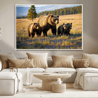 43400-MGV-CV-36X24-Bear Family Wall Art – Wildlife Canvas Print of Mother Bear with Cubs in Sunlit Meadow, Rustic Animal Artwork for Living Room,