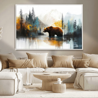 50308-MGV-CV-36X24-Abstract Rustic Bear Wall Art – Forest and Mountain Scene Canvas Print, Nature Artwork for Modern Farmhouse or Log Cabin Decor