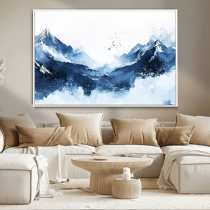 93536-MGV-CV-36X24-Snowy Mountain Wall Art – Modern Canvas Print Featuring Blue Watercolor Peaks and Abstract Splashes, Nature Inspired Artwork for