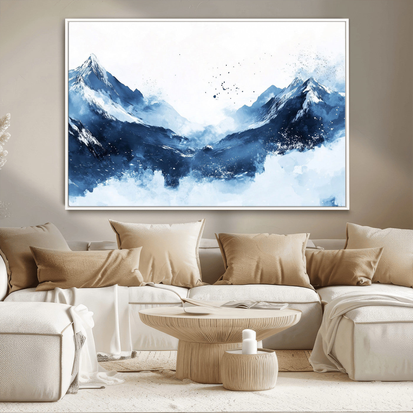 93536-MGV-CV-36X24-Snowy Mountain Wall Art – Modern Canvas Print Featuring Blue Watercolor Peaks and Abstract Splashes, Nature Inspired Artwork for