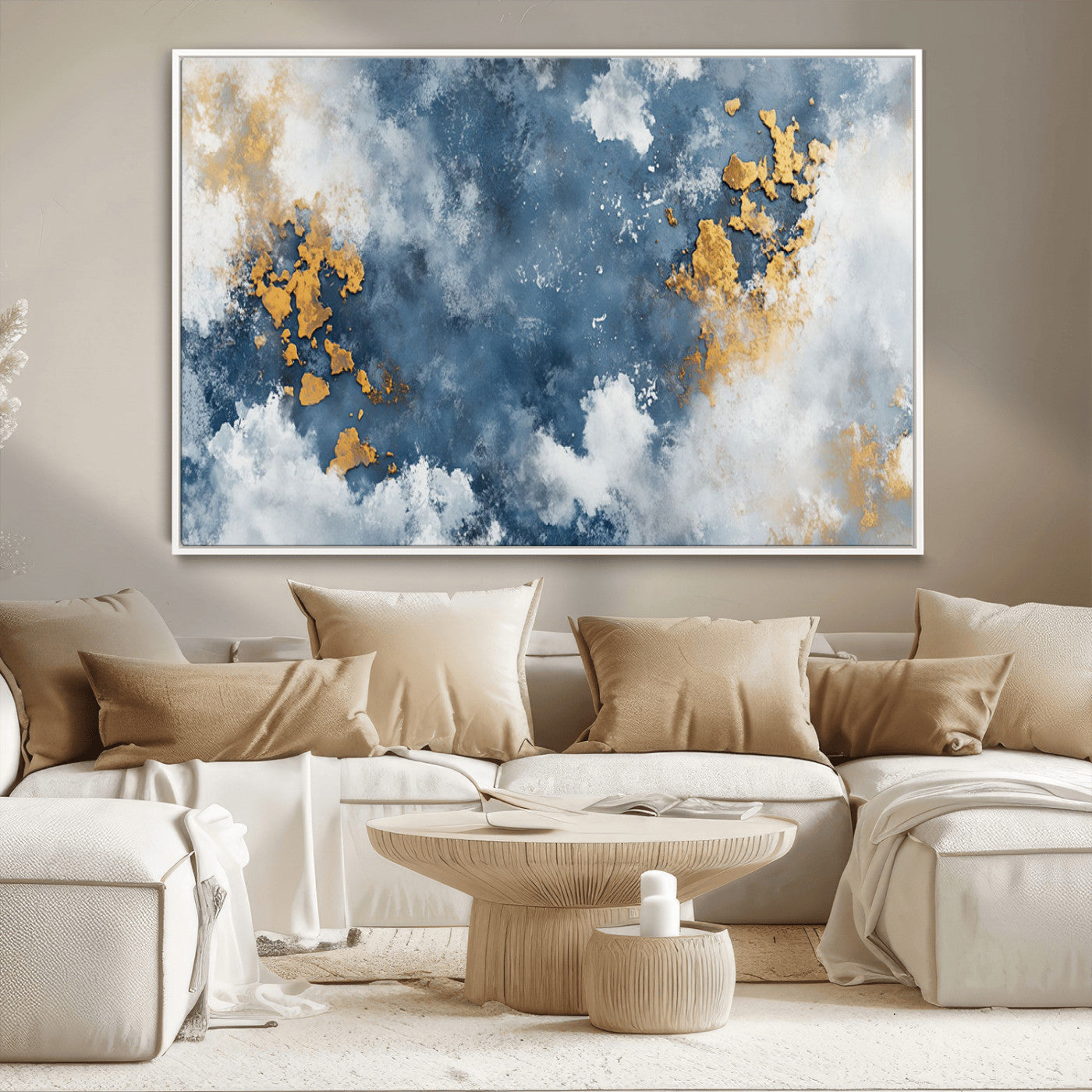 39575-MGV-CV-36X24-Blue and Gold Abstract Wall Art – Modern Canvas Print Featuring Cloudy Textures with Metallic Accents, Contemporary Artwork for