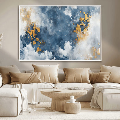 39575-MGV-CV-36X24-Blue and Gold Abstract Wall Art – Modern Canvas Print Featuring Cloudy Textures with Metallic Accents, Contemporary Artwork for